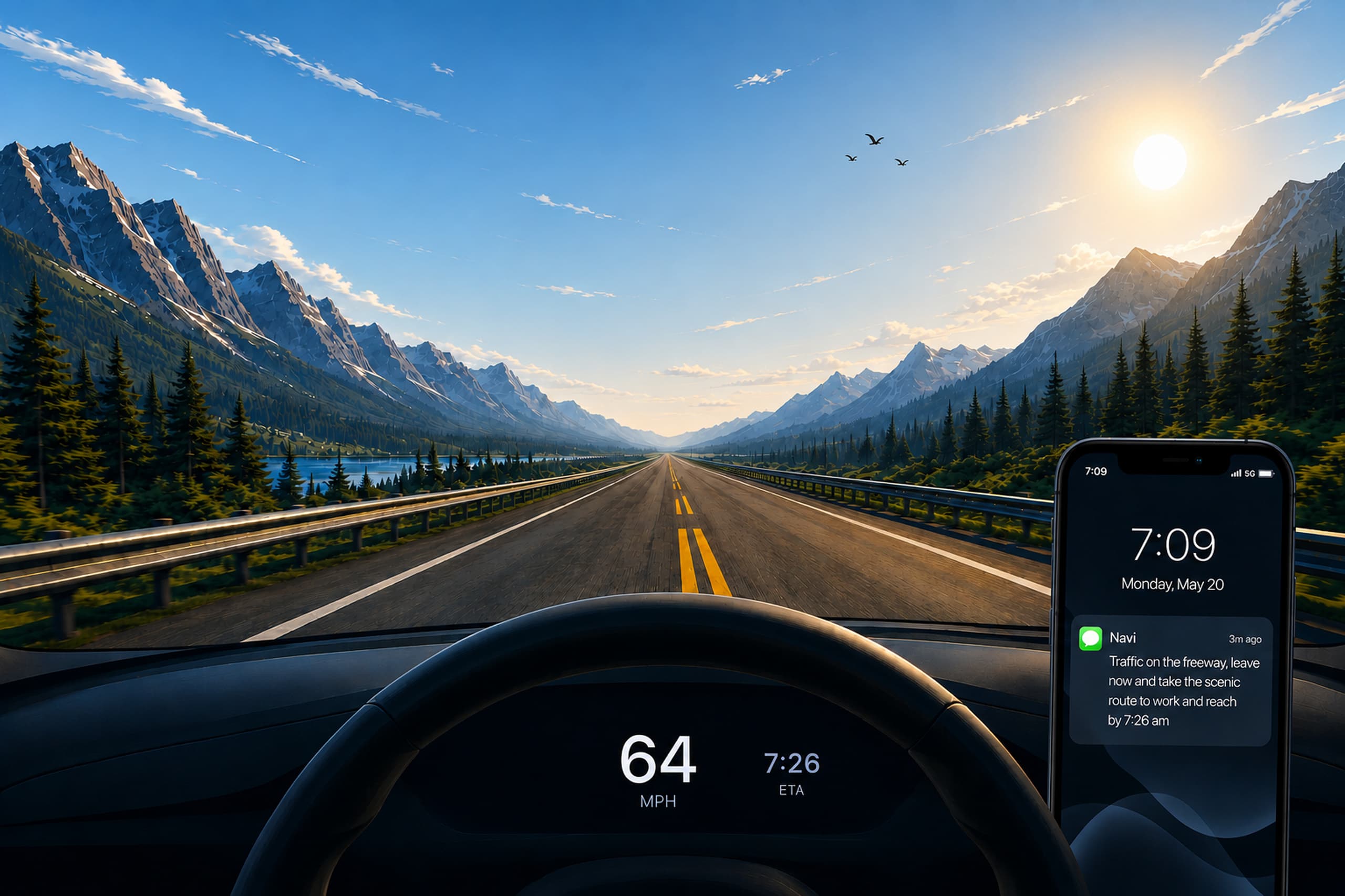Open mountain highway viewed from a car